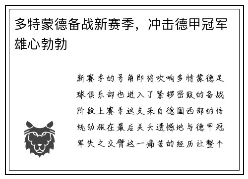 多特蒙德备战新赛季，冲击德甲冠军雄心勃勃